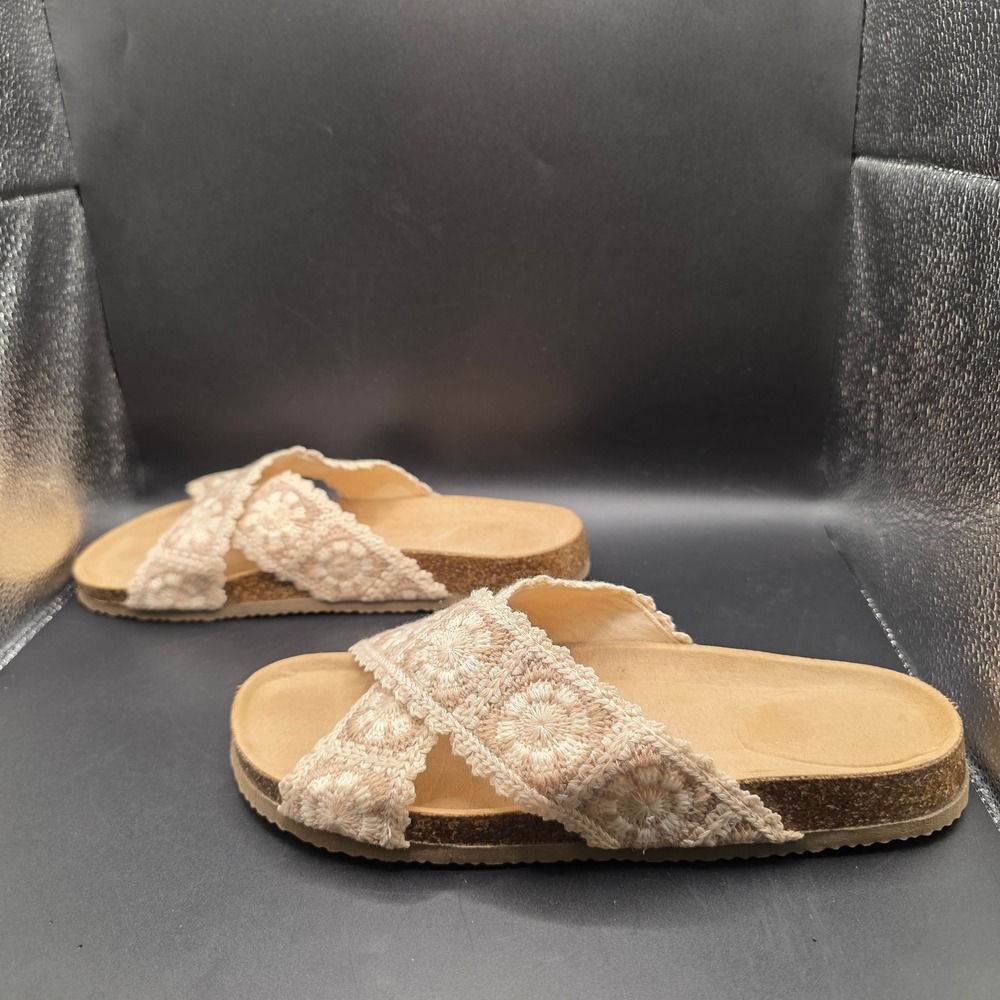 Haute Hippie Crochet Floral Crisscross Slide Sandals Tan Cream Boho Summer 8.5M - Picture 5 of 9